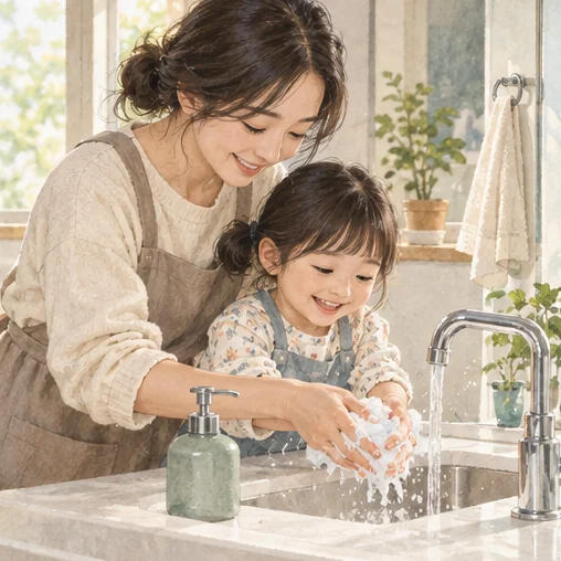 부모와 아이가 함께 손을 씻는 모습 (AI 설명용 삽화)