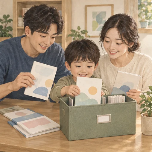 가족의 접종 기록을 모아 보관하는 모습 (AI 설명용 삽화)