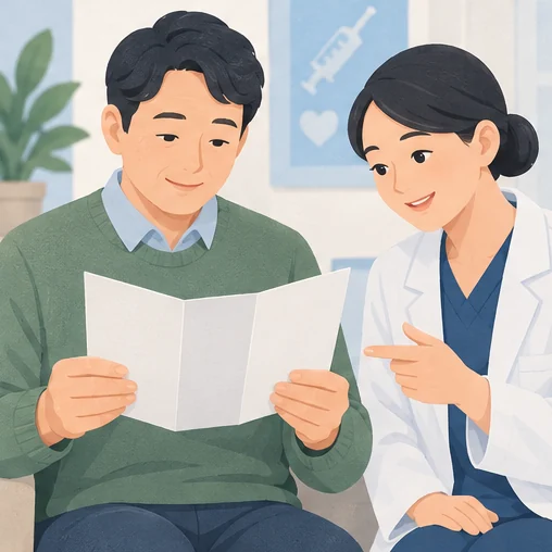 제품 설명과 의료진의 안내를 함께 확인합니다. (AI 설명용 삽화)