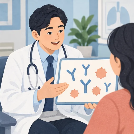 항체 형성의 원리를 상징적으로 설명한 장면입니다. (AI 설명용 삽화)