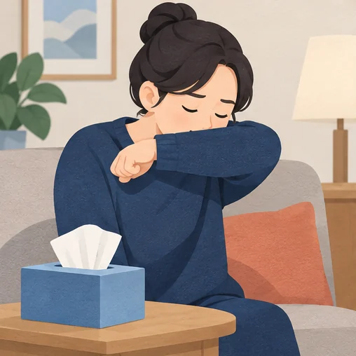 기침할 때 옷소매로 입과 코를 가립니다. (AI 설명용 삽화)