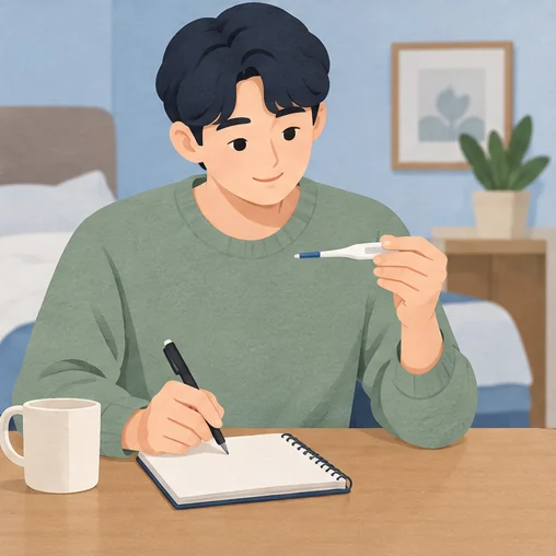 증상 시작 시점과 몸 상태를 기록해 상담을 준비합니다. (AI 설명용 삽화)