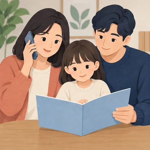 가족의 접종 계획과 의료기관 연락처를 함께 확인합니다. (AI 설명용 삽화)