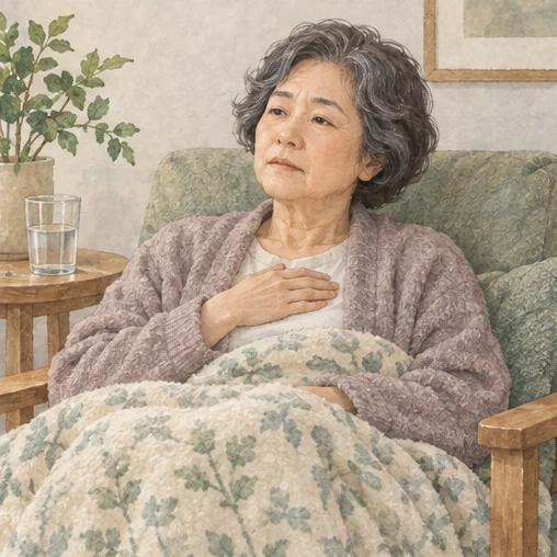 어르신이 몸 상태 변화를 확인하는 모습 (AI 설명용 삽화)