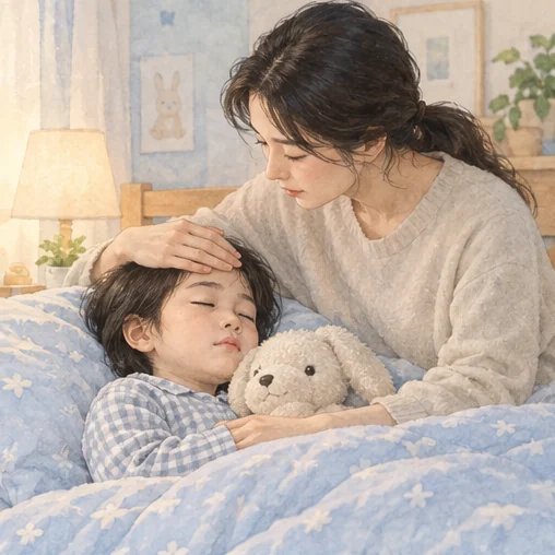 아픈 아이를 돌보는 보호자 (AI 설명용 삽화)