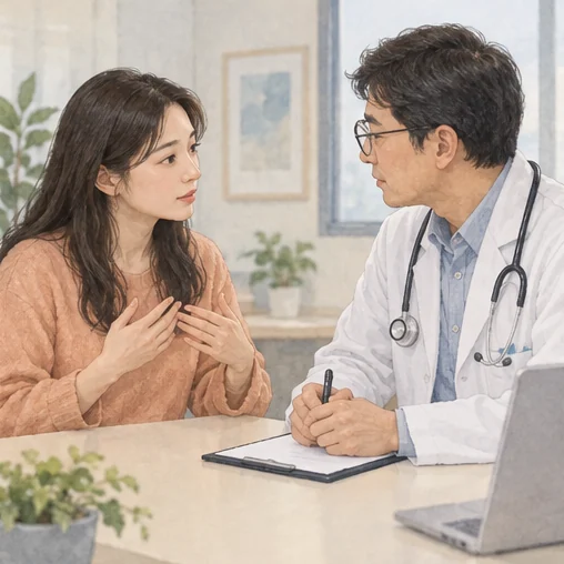 겹치는 증상을 의료진에게 설명하는 모습 (AI 설명용 삽화)