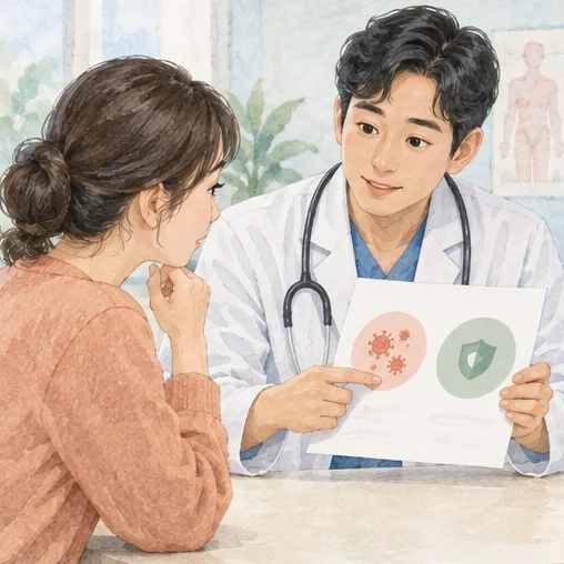 어떤 감염을 확인하는 검사인지 상담하는 모습 (AI 설명용 삽화)