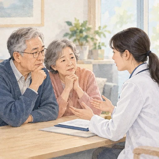 어르신 부부가 건강 상태를 상담하는 모습 (AI 설명용 삽화)