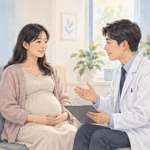 임신부가 호흡기 증상과 건강 상태를 상담하는 모습 (AI 설명용 삽화)