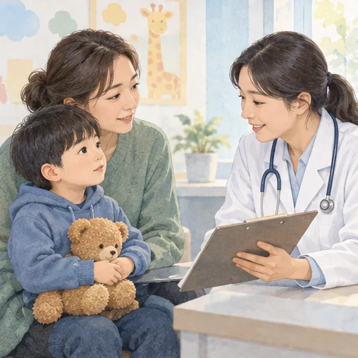 보호자와 아이가 검사 후 상담을 받는 모습 (AI 설명용 삽화)