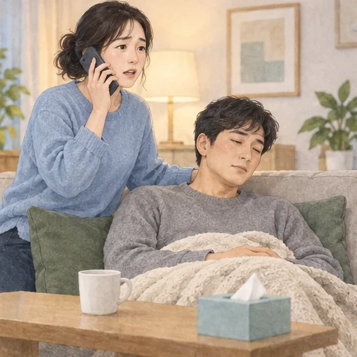 걱정되는 증상으로 긴급 도움을 요청하는 보호자 (AI 설명용 삽화)