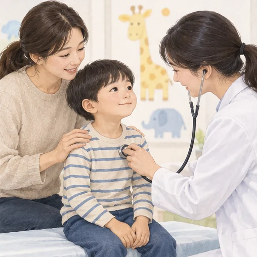 아이가 보호자와 함께 진료받는 모습 (AI 설명용 삽화)