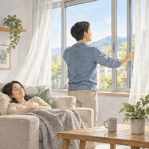 함께 사는 공간의 창문을 열어 환기하는 모습 (AI 설명용 삽화)