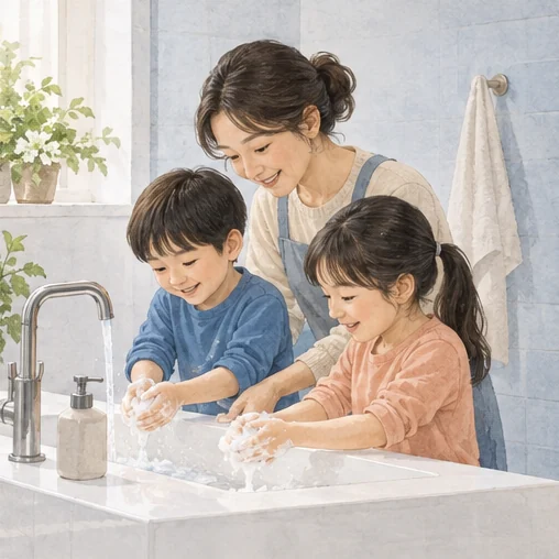 가족이 손 씻기를 실천하는 모습 (AI 설명용 삽화)