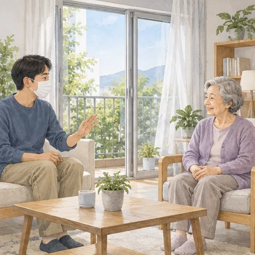 마스크와 거리 유지로 고위험군 가족을 보호하는 모습 (AI 설명용 삽화)