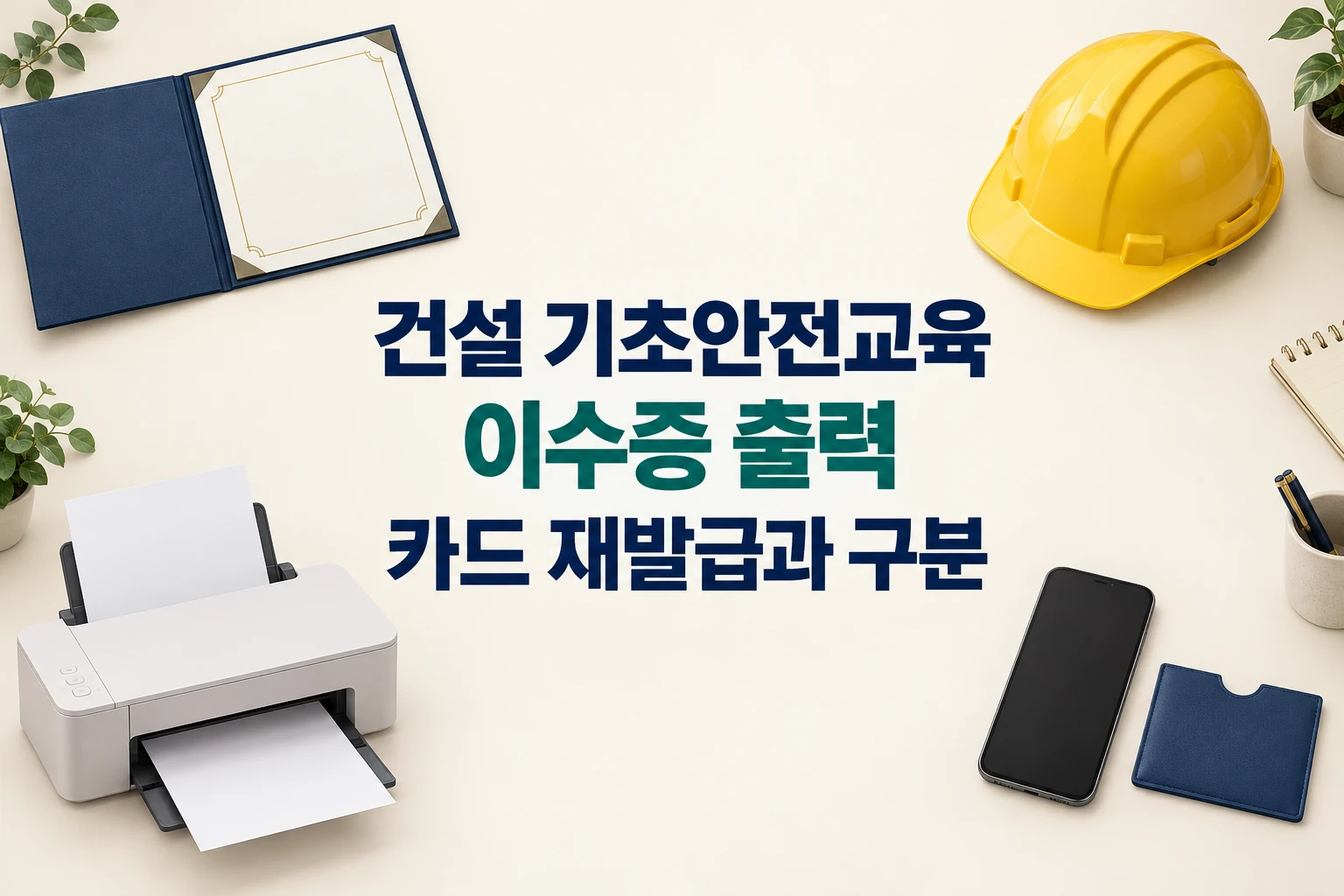 건설 기초안전교육 이수증 출력과 카드 재발급을 구분하라는 한글 대표 이미지 (AI 설명용 썸네일)