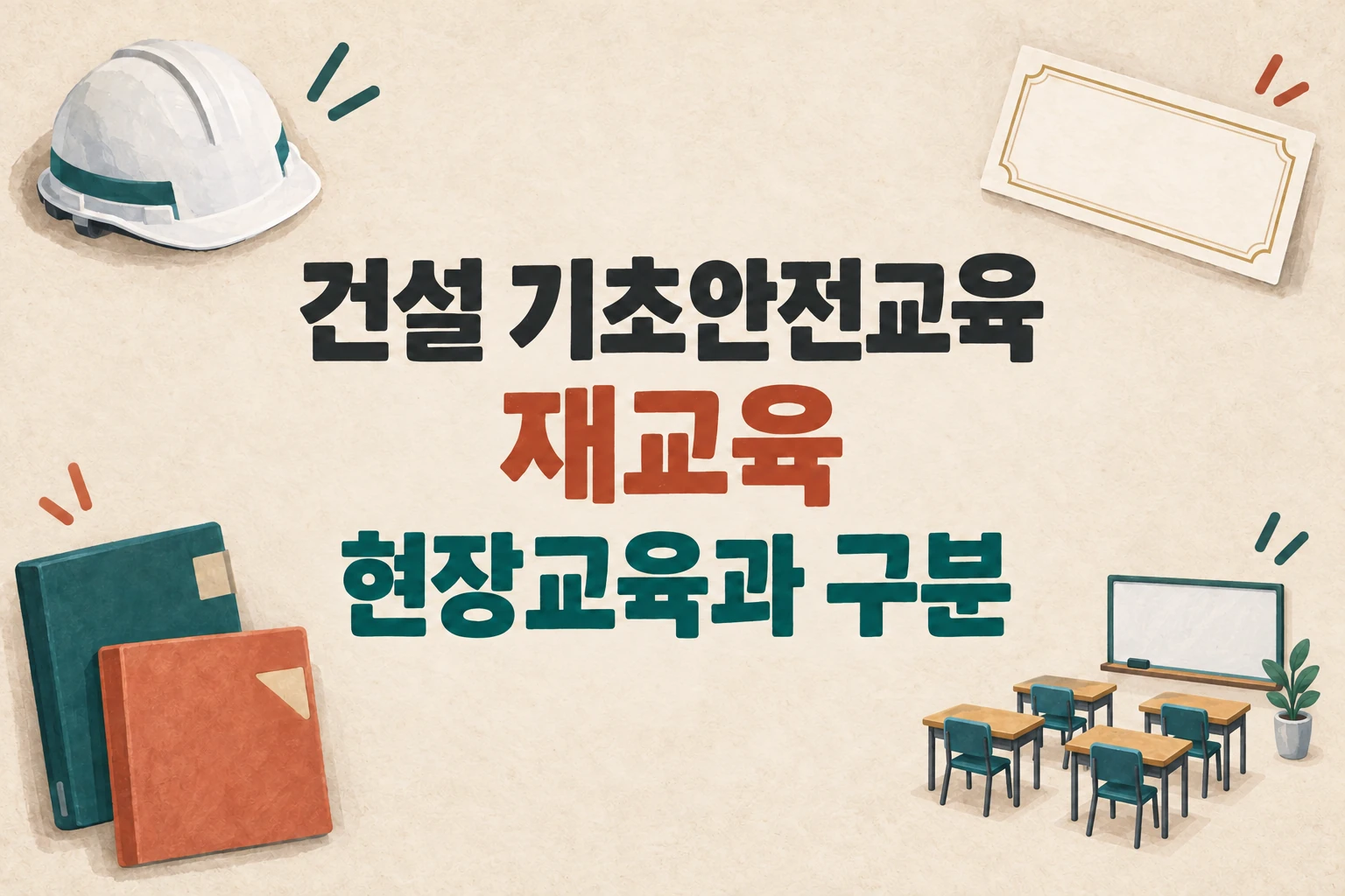 건설 기초안전교육 재교육과 현장교육을 구분하라는 한글 대표 삽화 (AI 설명용 썸네일)