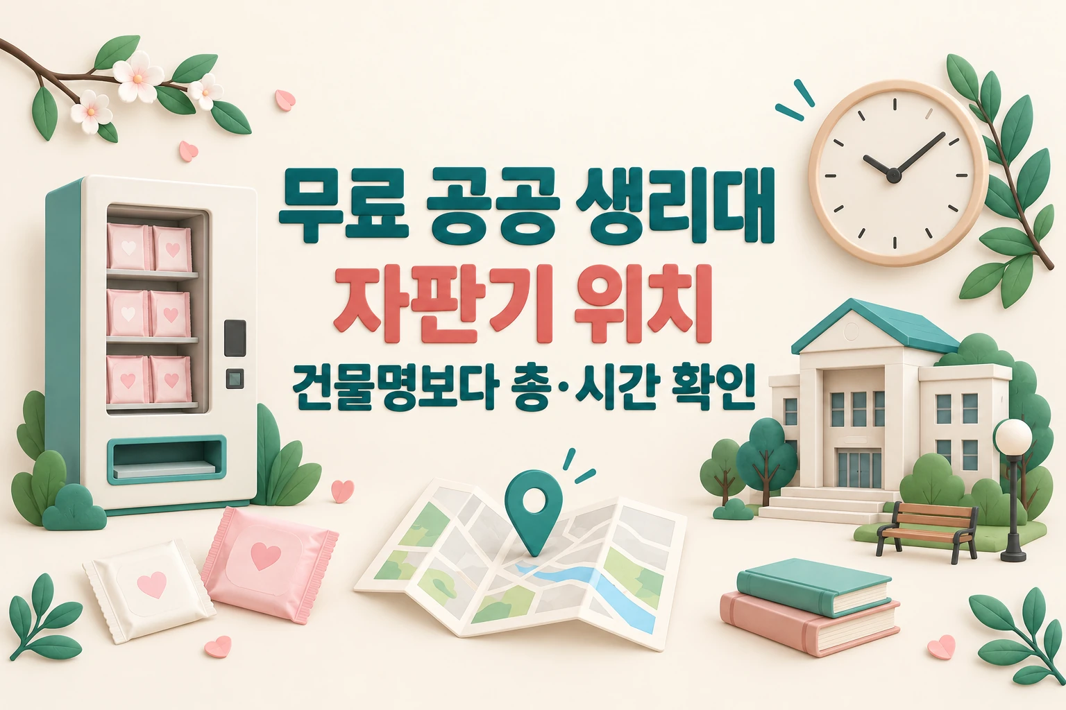 무료 공공 생리대 자판기 위치와 건물의 층·시간 확인을 안내하는 한글 대표 삽화 (AI 설명용 썸네일)