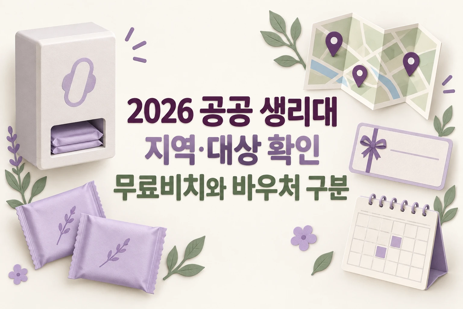 2026 공공 생리대 지역·대상 확인과 무료비치·바우처 구분을 안내하는 한글 대표 삽화 (AI 설명용 썸네일)