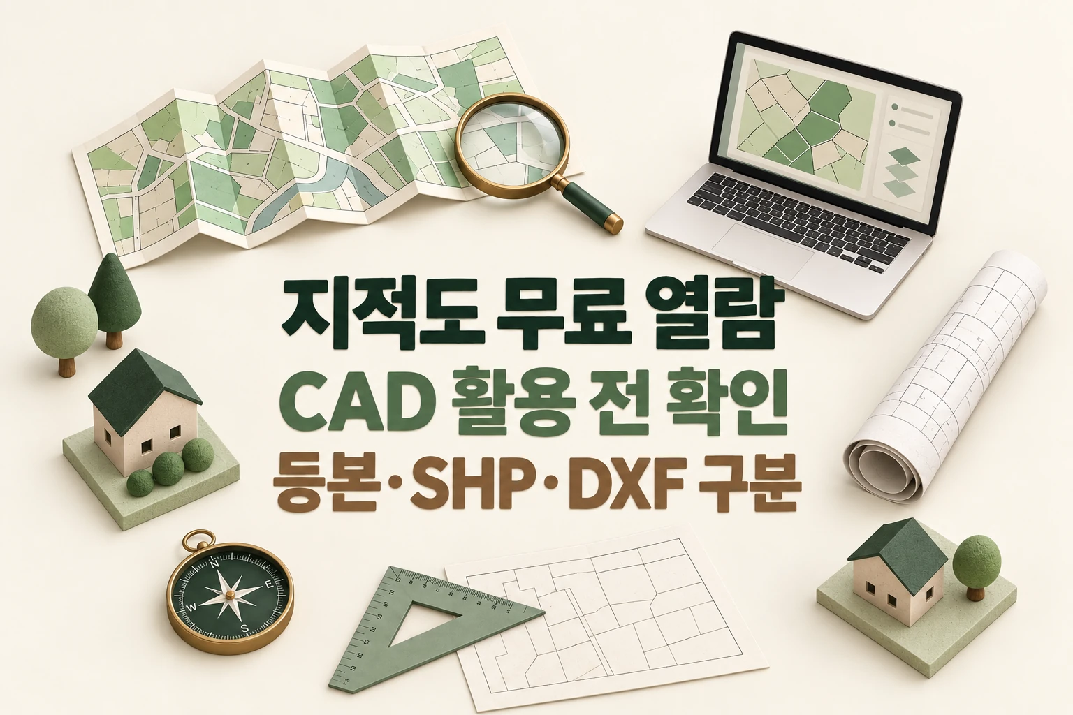 지적도 무료 열람과 CAD 활용 전 등본·SHP·DXF 구분을 안내하는 한글 대표 삽화 (AI 설명용 썸네일)