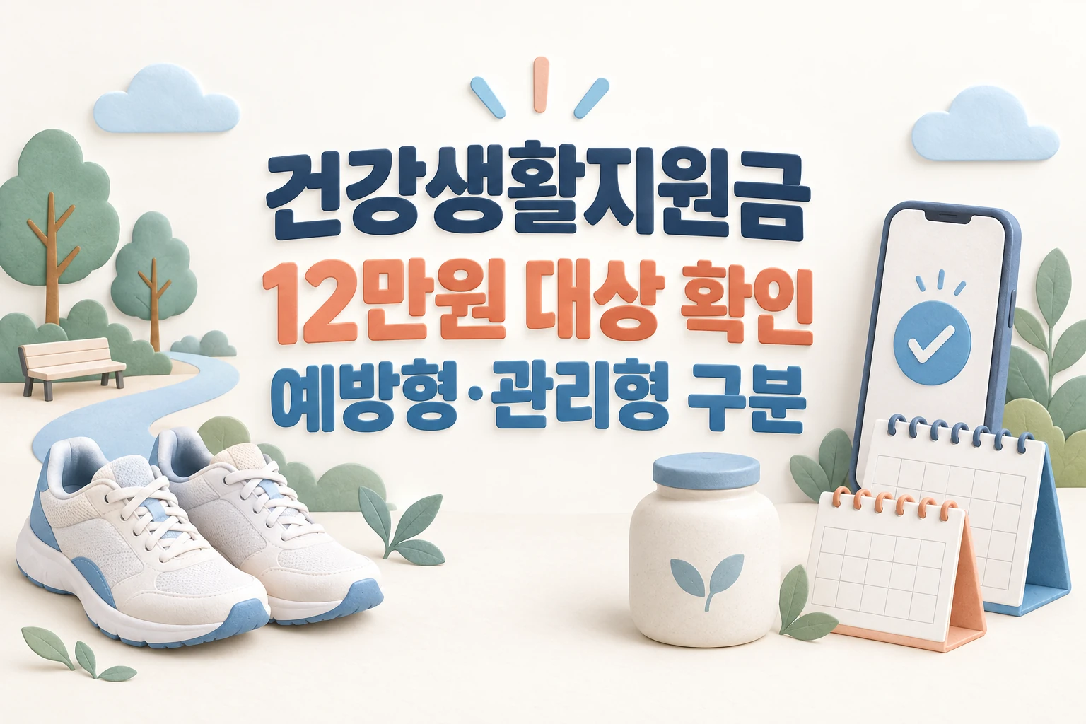 건강생활지원금 12만원 대상 확인과 예방형·관리형 구분을 안내하는 한글 대표 삽화 (AI 설명용 썸네일)