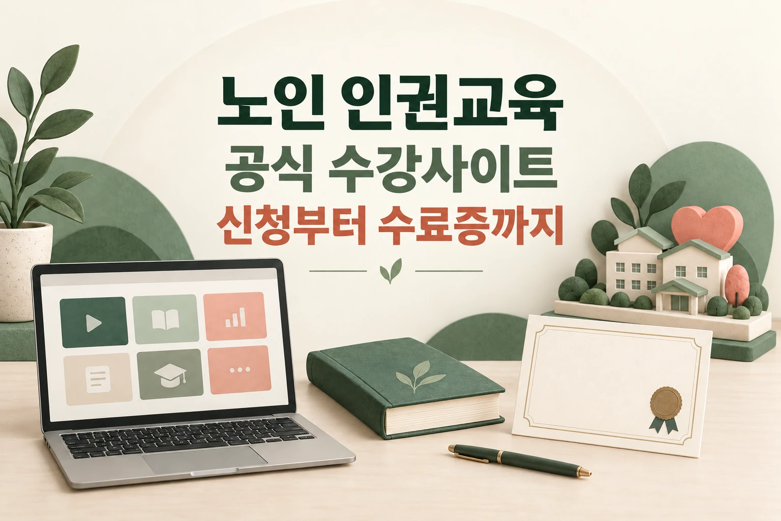 노인 인권교육 공식 수강사이트와 신청부터 수료증 확인까지 안내하는 한글 대표 삽화 (AI 설명용 썸네일)
