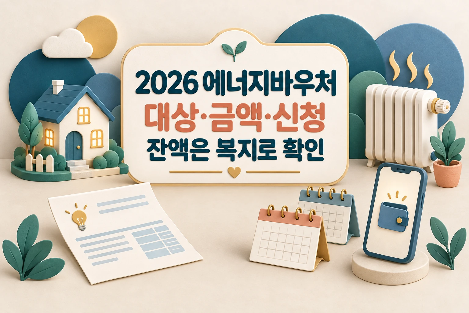 2026 에너지바우처 대상 금액 신청과 복지로 잔액 확인을 설명하는 한글 대표 삽화 (AI 설명용 썸네일)