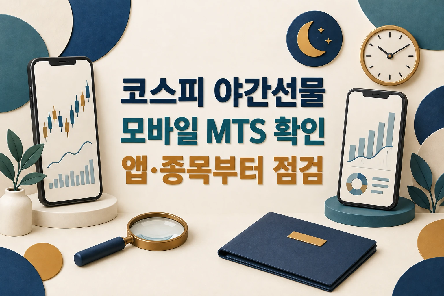 코스피 야간선물 모바일 MTS의 앱과 종목 확인을 안내하는 한글 대표 삽화 (AI 설명용 썸네일)