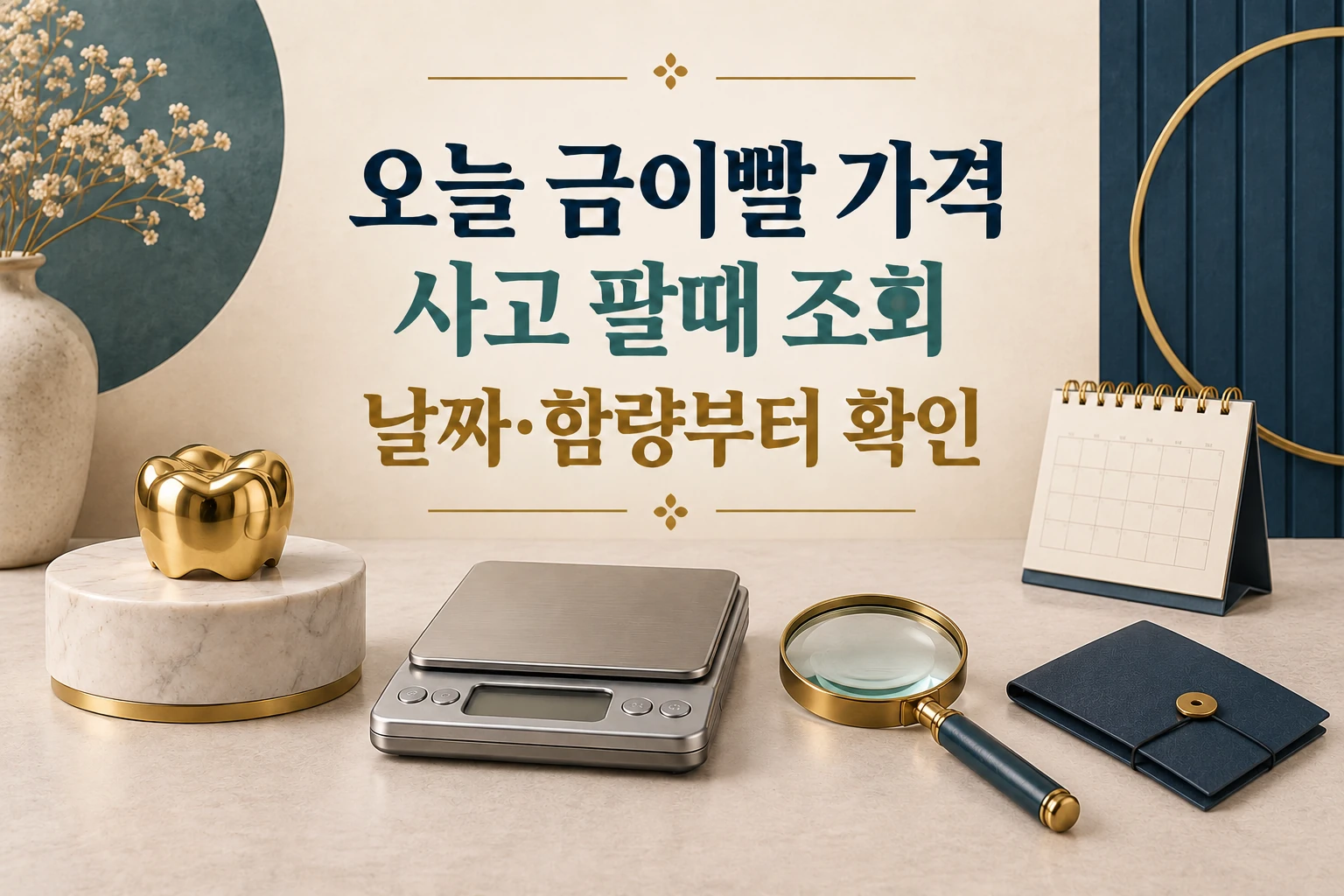 금이빨 가격을 조회할 때 날짜와 함량을 확인하도록 안내하는 한글 대표 삽화 (AI 설명용 썸네일)