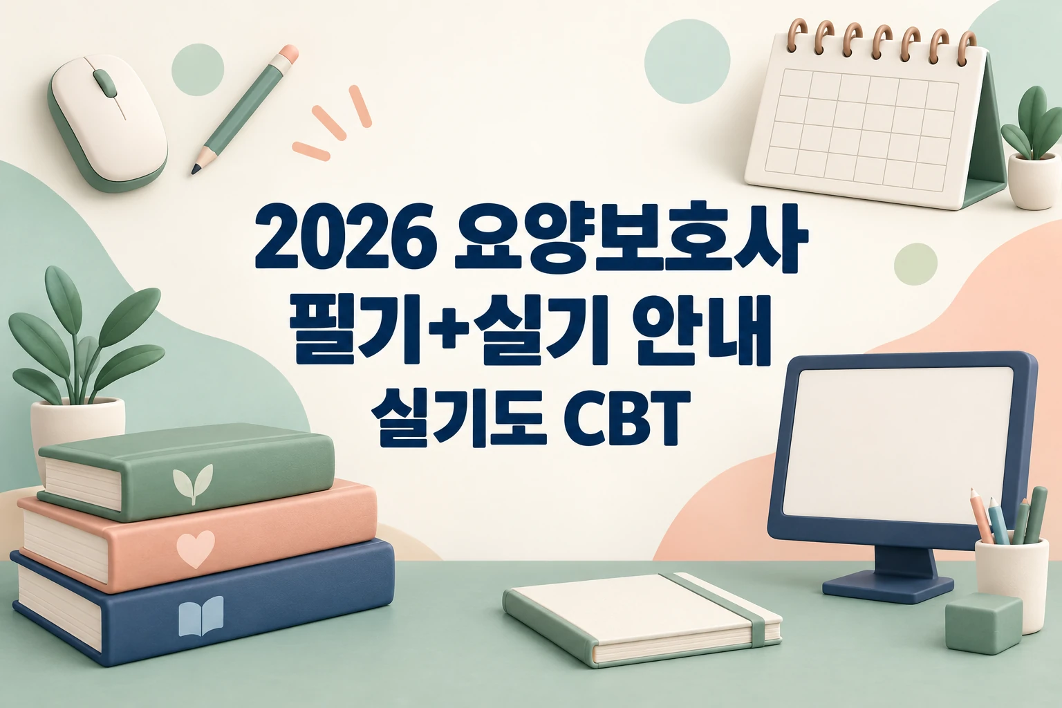 2026 요양보호사 필기·실기 시험과 실기도 CBT임을 안내하는 한글 대표 삽화 (AI 설명용 썸네일)