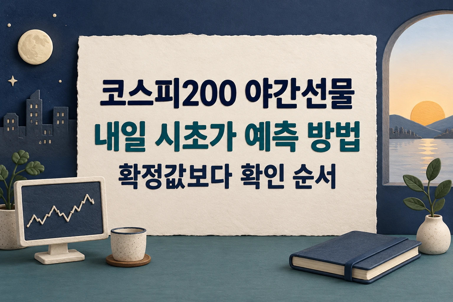 코스피200 야간선물과 내일 시초가 예측 방법의 확인 순서를 안내하는 한글 대표 삽화 (AI 설명용 썸네일)