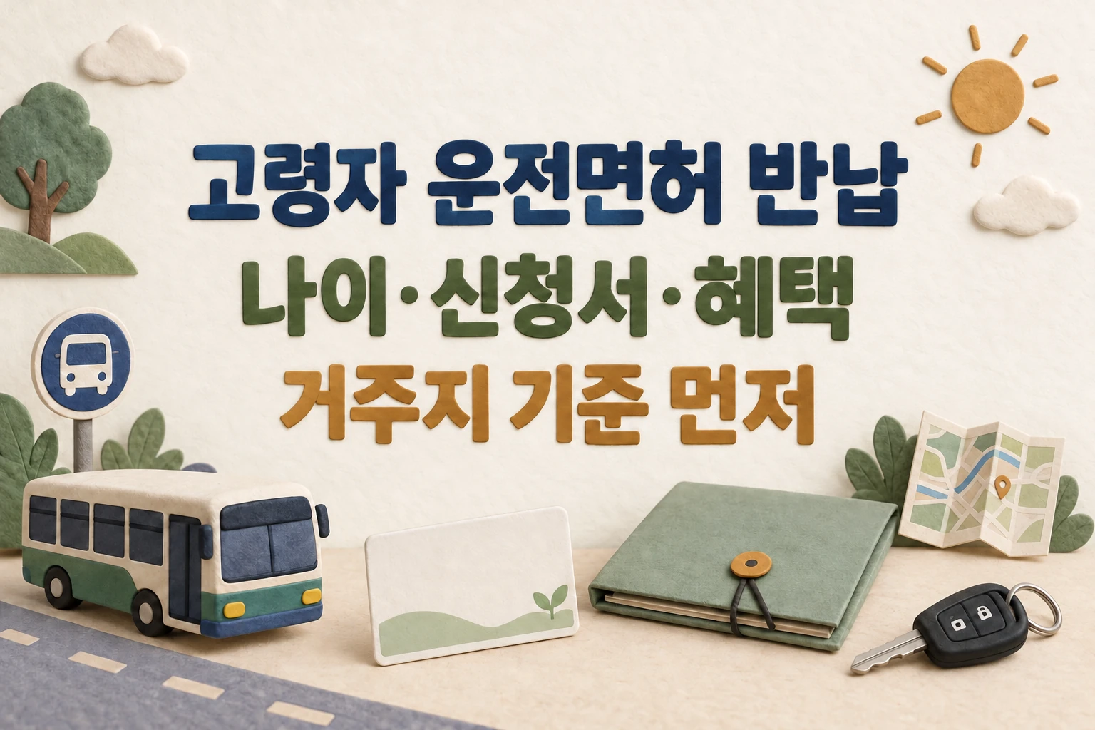 고령자 운전면허 반납 나이와 신청서·혜택은 거주지 기준부터 확인하도록 안내하는 한글 대표 삽화 (AI 설명용 썸네일)