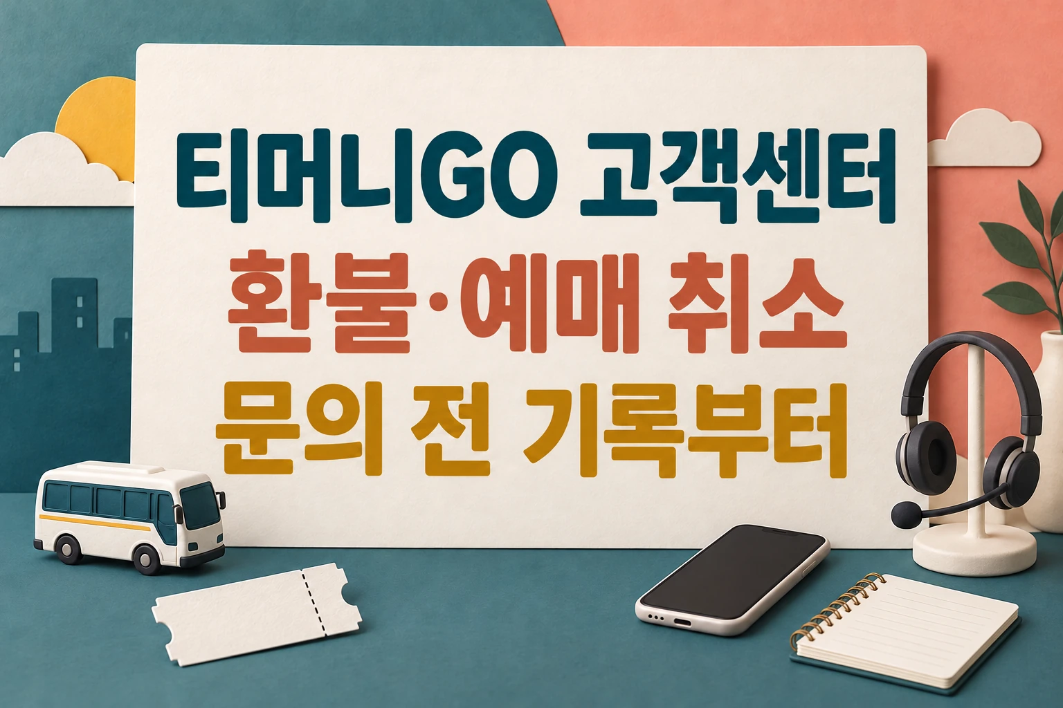 티머니GO 고객센터와 환불·예매 취소 문의 전에 기록을 준비하도록 안내하는 한글 대표 삽화 (AI 설명용 썸네일)