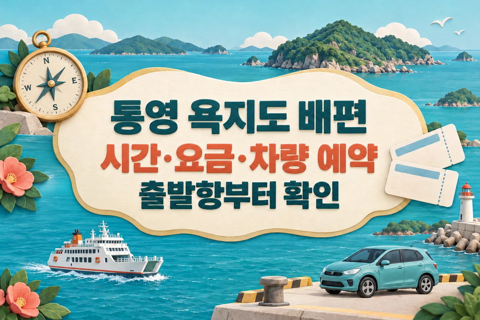 통영 욕지도 배편의 시간·요금·차량 예약 전 출발항 확인을 안내하는 한글 대표 삽화 (AI 설명용 썸네일)