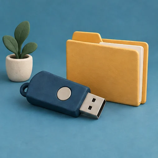 USB 토큰과 닫힌 폴더 (AI 설명용 삽화)
