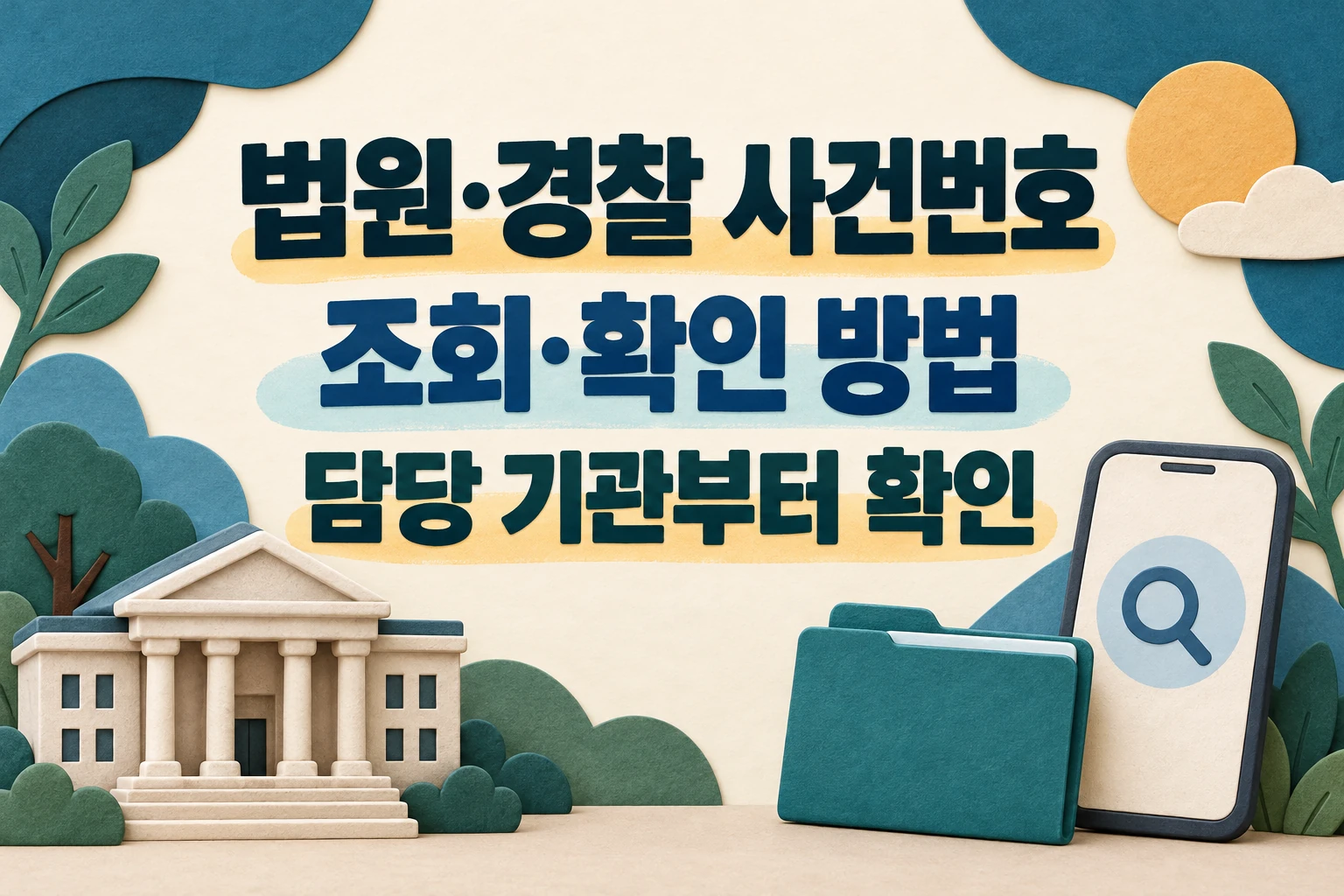 법원·경찰 사건번호 조회·확인 방법과 담당 기관부터 확인하라는 한글 대표 삽화 (AI 설명용 썸네일)