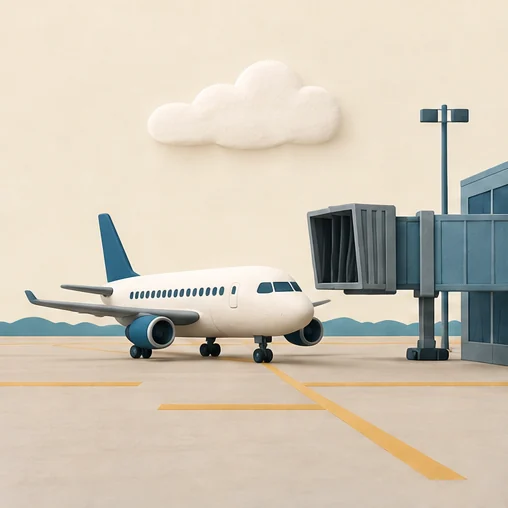 구름 아래 공항 탑승교 옆에 멈춘 여객기 삽화 (AI 설명용 삽화)