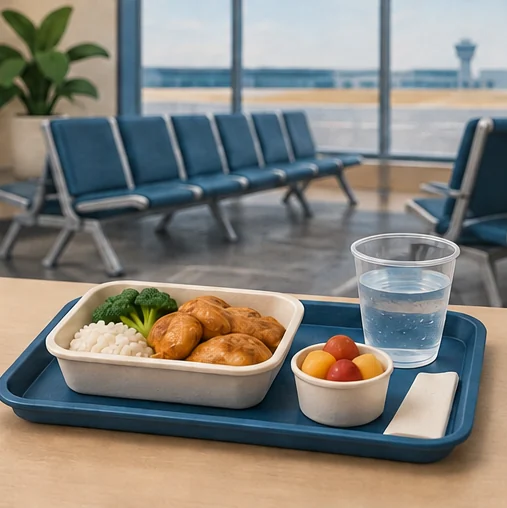 빈 공항 대기석 앞 음식과 물 (AI 설명용 삽화)