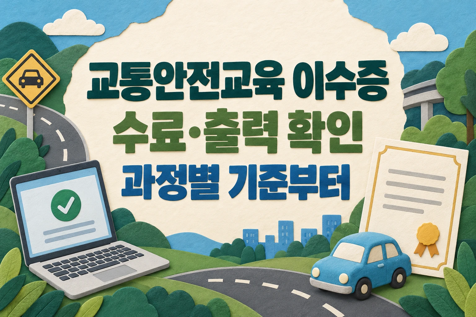 교통안전교육 이수증 수료·출력 확인과 과정별 기준부터 확인하라는 한글 대표 삽화 (AI 설명용 썸네일)