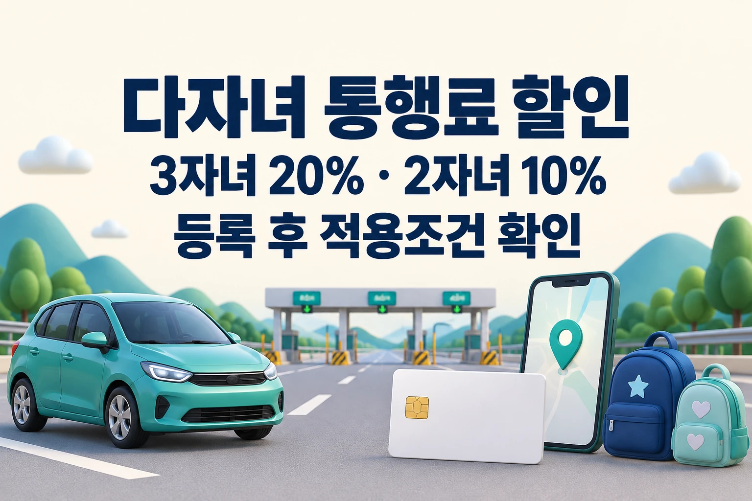 다자녀 통행료 할인, 3자녀 20%와 2자녀 10%, 등록 후 적용조건 확인을 안내하는 한글 대표 삽화 (AI 설명용 썸네일)