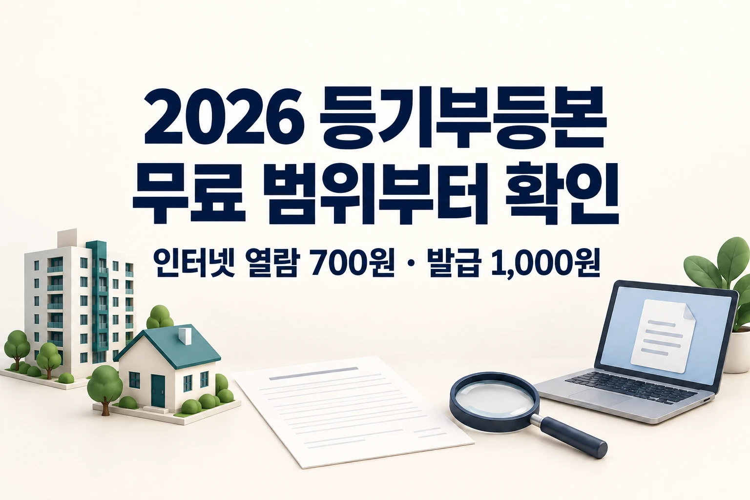 2026 등기부등본 무료 범위와 인터넷 열람 700원·발급 1,000원을 구분하는 한글 대표 삽화 (AI 설명용 썸네일)