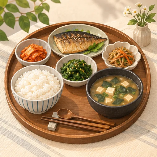 밥과 생선·채소·국이 담긴 한 끼 식사 쟁반 삽화 (AI 설명용 삽화)