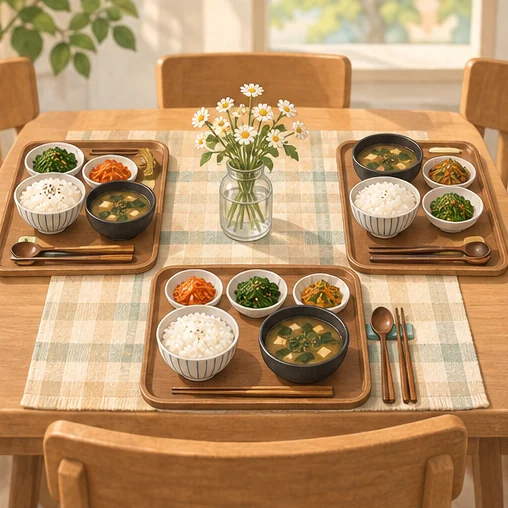 식사 세 개가 준비된 공동 식탁 삽화 (AI 설명용 삽화)