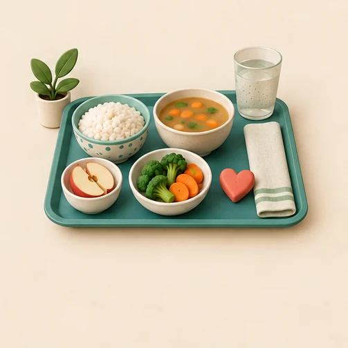 밥과 국·채소가 담긴 온전한 쟁반과 하트 장식 삽화 (AI 설명용 삽화)