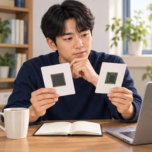 두 개의 반도체 카드로 서로 다른 기초종목을 비교하는 장면 (AI 설명용 삽화)