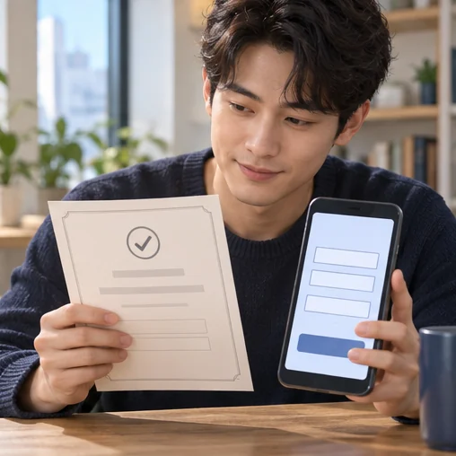수료 문서와 휴대전화의 등록 항목을 대조하는 장면 (AI 설명용 삽화)
