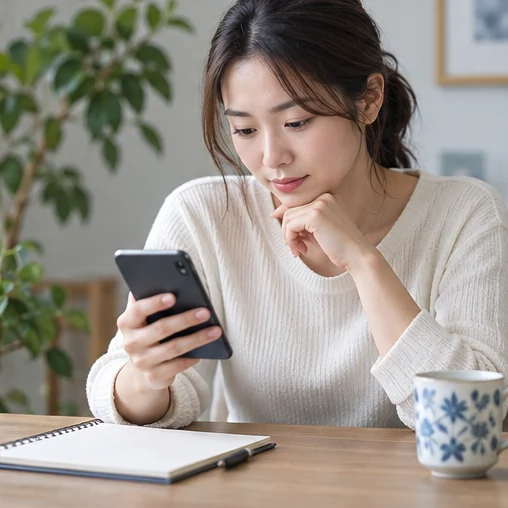 휴대전화 안내를 읽고 노트에 정리하는 장면 (AI 설명용 삽화)
