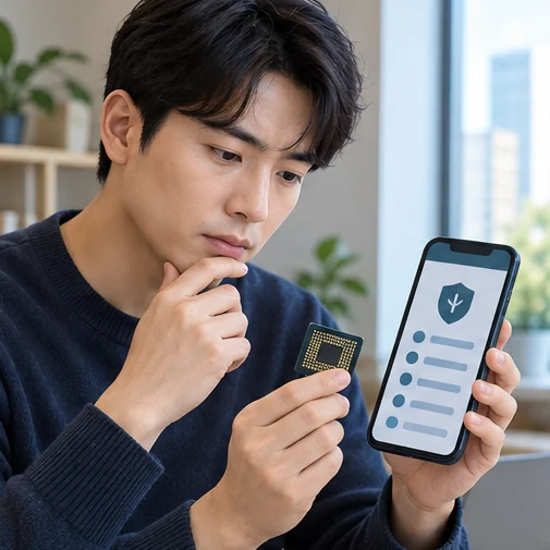반도체 카드와 휴대전화의 정보를 대조하는 장면 (AI 설명용 삽화)