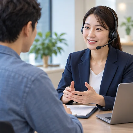 상담 담당자에게 거래 조건을 문의하는 설명용 장면 (AI 설명용 삽화)