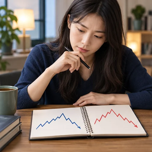서로 다른 두 차트의 움직임을 비교하는 장면 (AI 설명용 삽화)